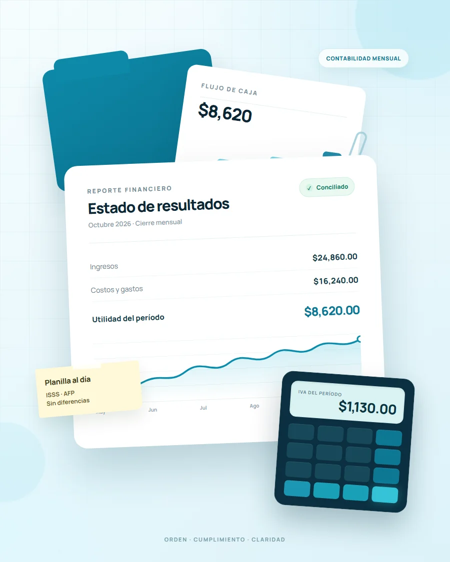 Reporte financiero, calculadora y documentos contables